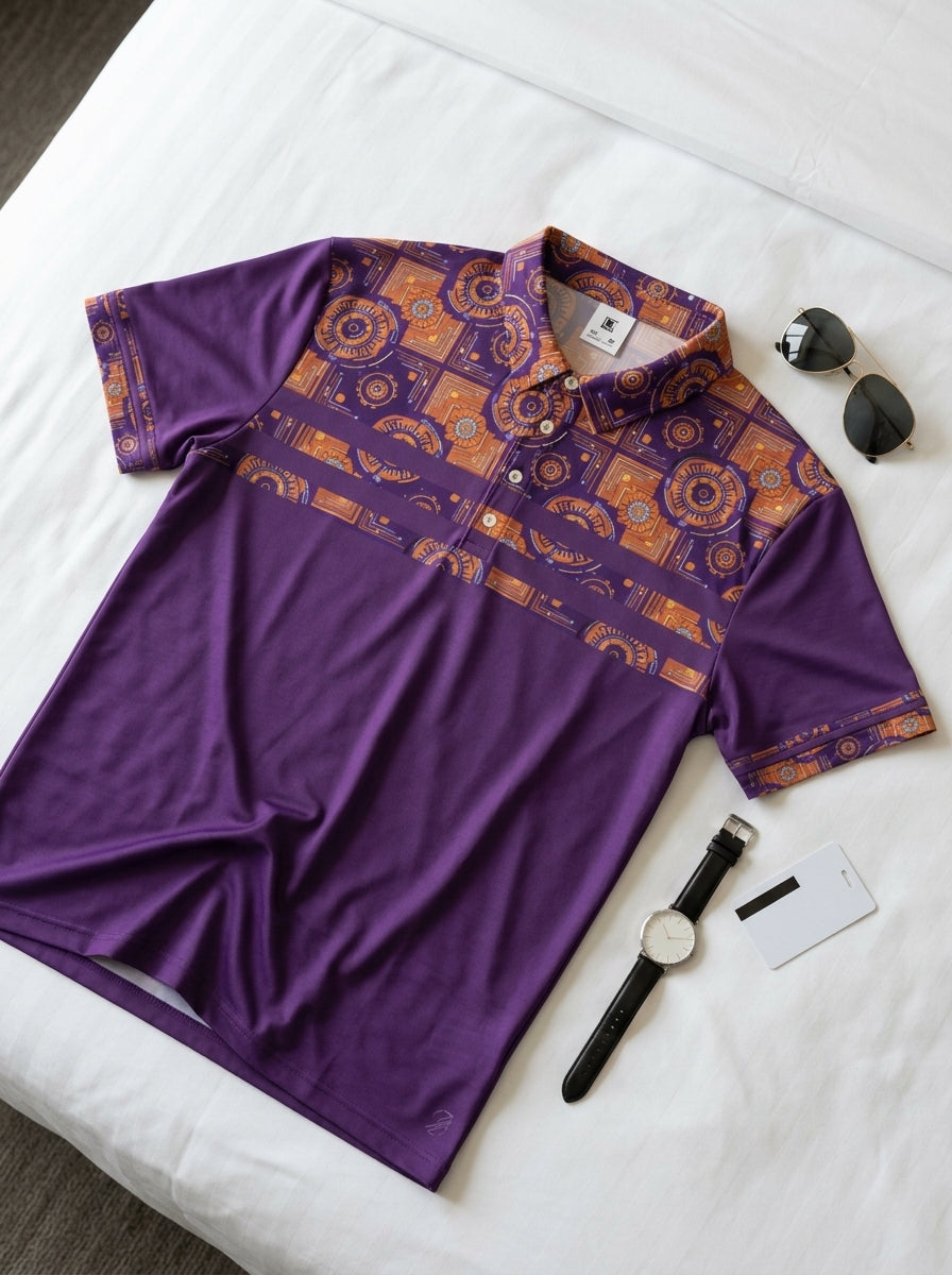 Sankofa Men's Pulse Polo in Ugo Purple, styled flat-lay floordrobe shot