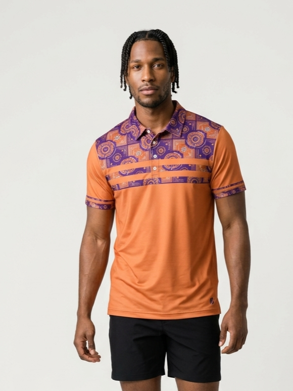 Sankofa Men's Pulse Polo in Sango Orange — Kinetic Engine circuitry yoke, front view