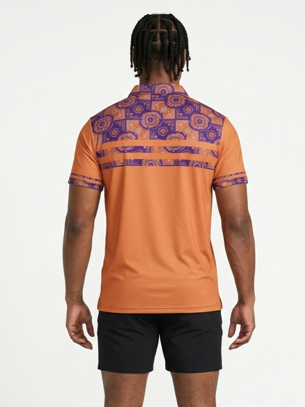Sankofa Men's Pulse Polo in Sango Orange — back view, doubled chest-stripe pattern