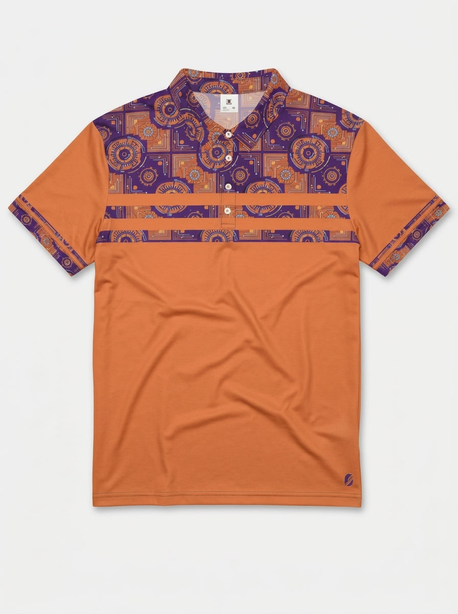 Clean flat-lay product shot of Sankofa Men's Pulse Polo in Sango Orange
