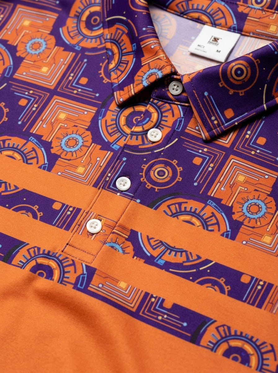 Close-up of AdinkraFlex Kinetic Engine print detail, Sankofa Pulse Polo in Sango Orange
