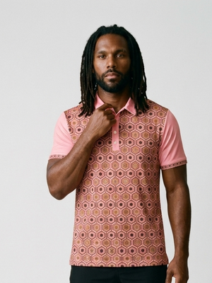 AnanseNova™ // Men's Slim Fit Statement Polo in Eze Pink — front view — SunBorn