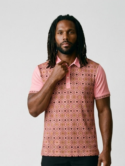 AnanseNova™ // Men's Slim Fit Statement Polo in Eze Pink — front view — SunBorn
