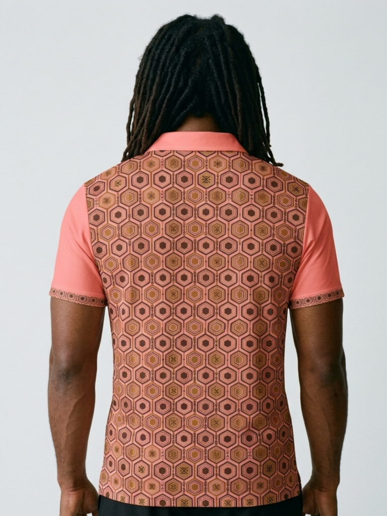 AnanseNova™ // Men's Slim Fit Statement Polo in Eze Pink — back view — SunBorn