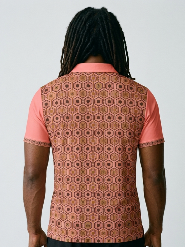 AnanseNova™ // Men's Slim Fit Statement Polo in Eze Pink — back view — SunBorn