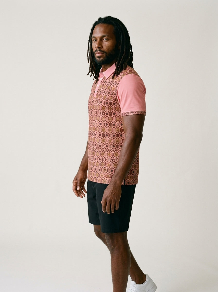 AnanseNova™ // Men's Slim Fit Statement Polo in Eze Pink — three-quarter left view — SunBorn