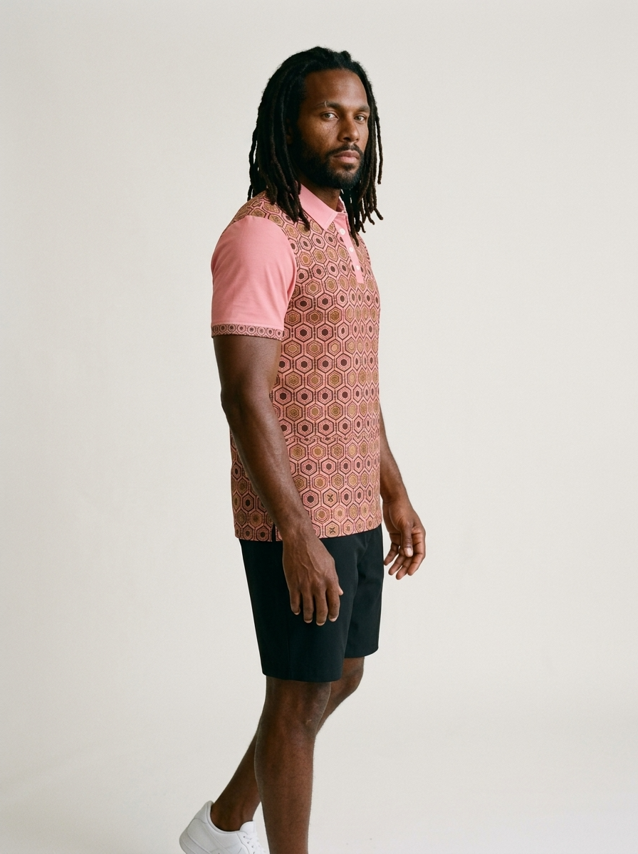 AnanseNova™ // Men's Slim Fit Statement Polo in Eze Pink — three-quarter right view — SunBorn