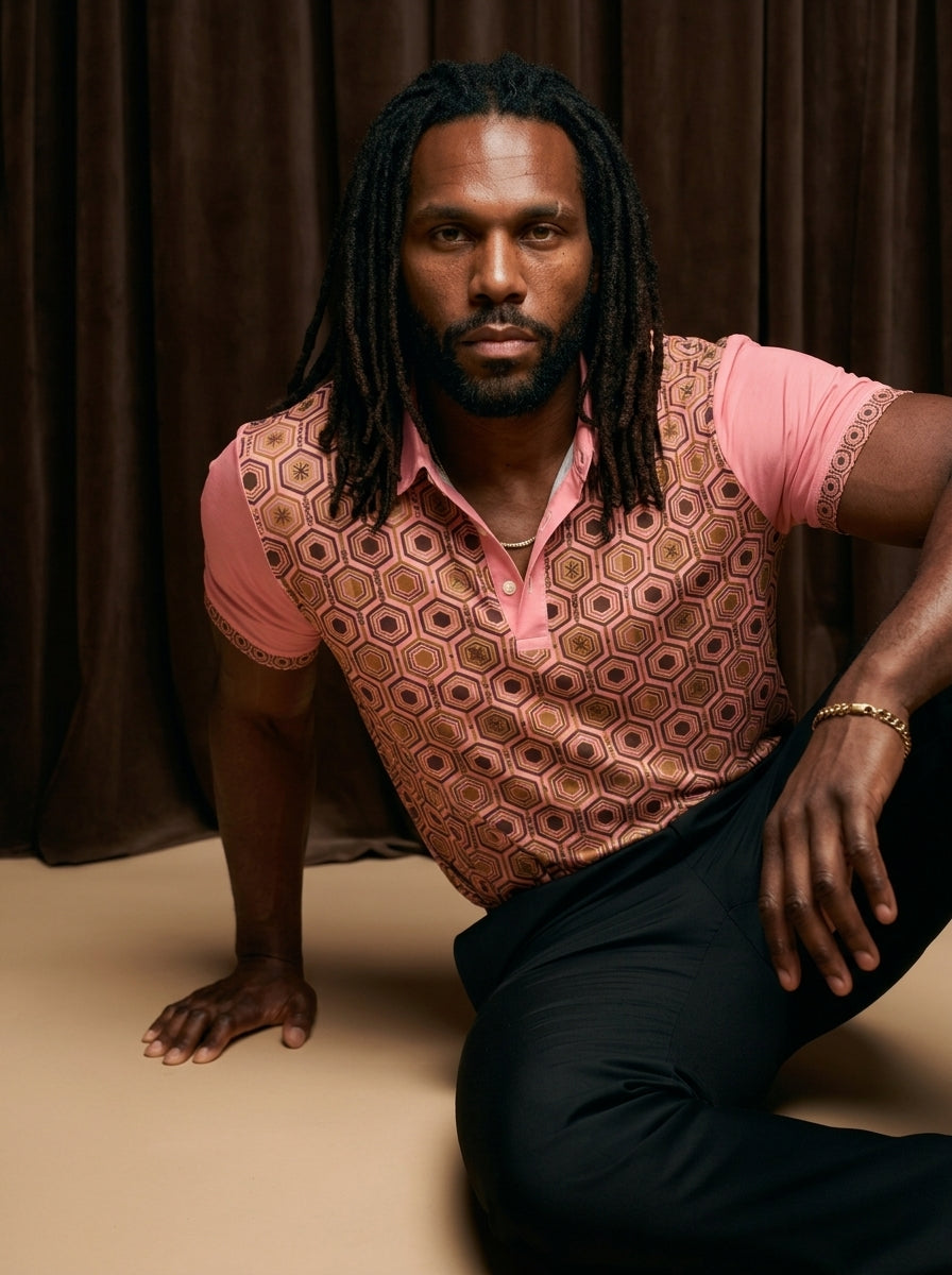 AnanseNova™ // Men's Slim Fit Statement Polo in Eze Pink — styled lifestyle shot — SunBorn