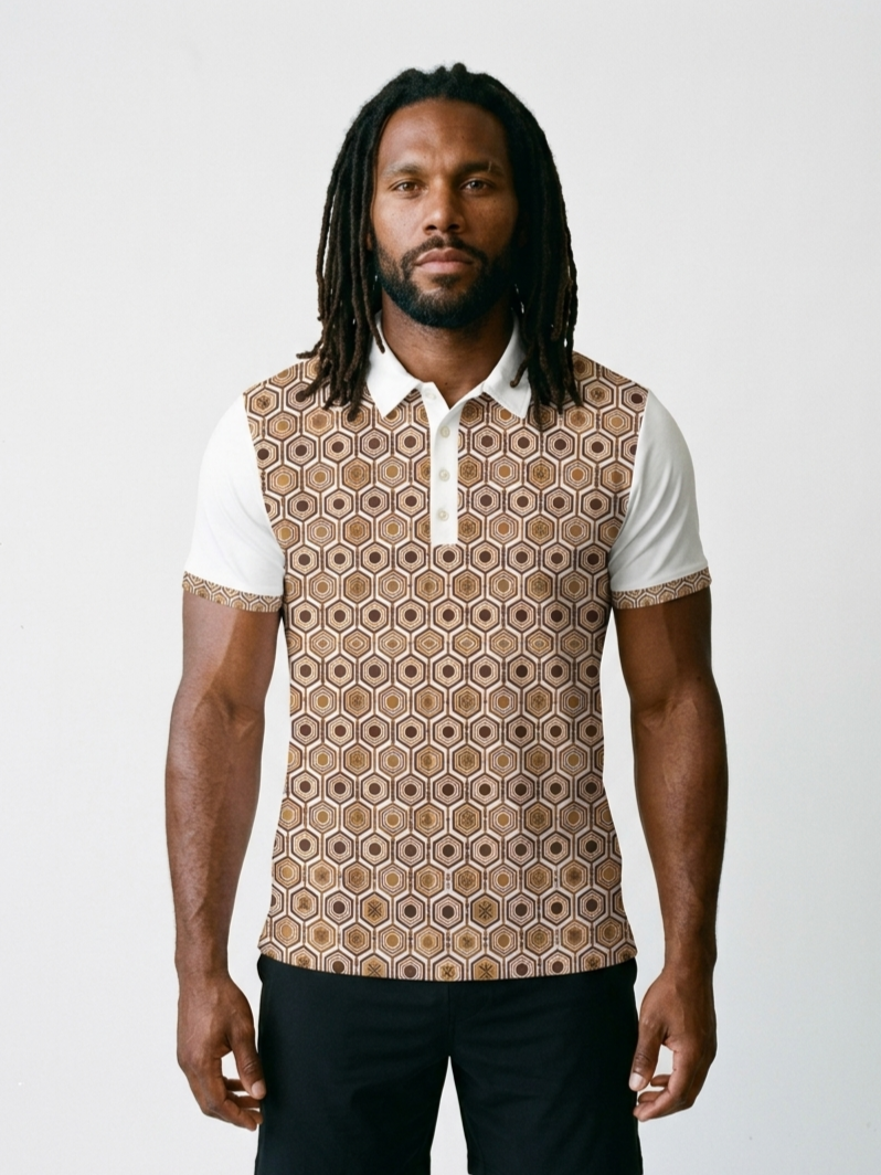AnanseNova™ // Men's Slim Fit Statement Polo in Ocha White — front view — SunBorn