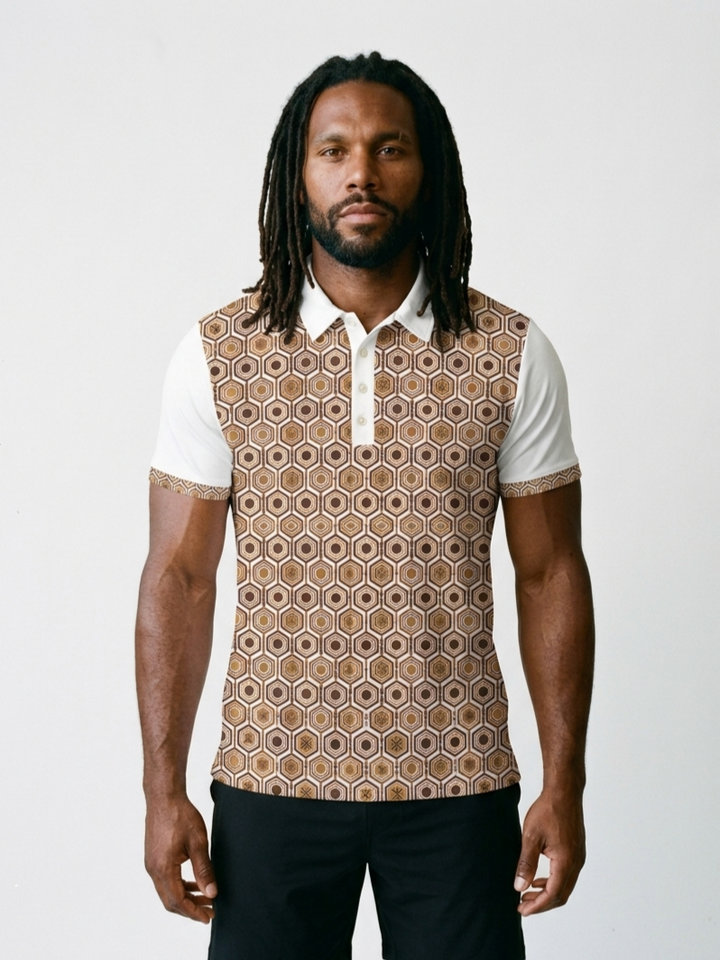 AnanseNova™ // Men's Slim Fit Statement Polo in Ocha White — front view — SunBorn