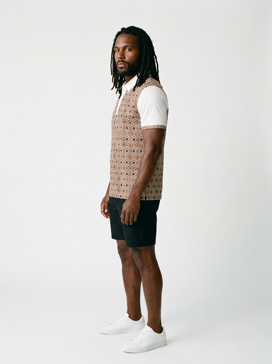 AnanseNova™ // Men's Slim Fit Statement Polo in Ocha White — three-quarter left view — SunBorn