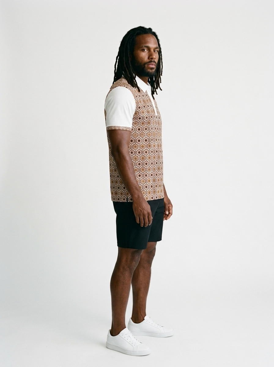 AnanseNova™ // Men's Slim Fit Statement Polo in Ocha White — three-quarter right view — SunBorn