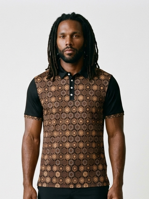 AnanseNova™ // Men's Slim Fit Statement Polo in Oji Black — front view — SunBorn