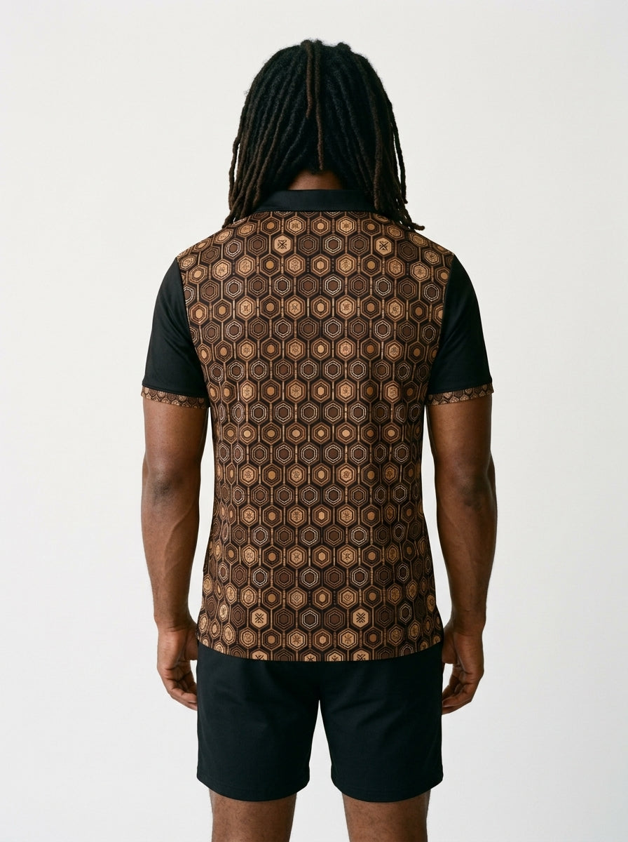 AnanseNova™ // Men's Slim Fit Statement Polo in Oji Black — back view — SunBorn