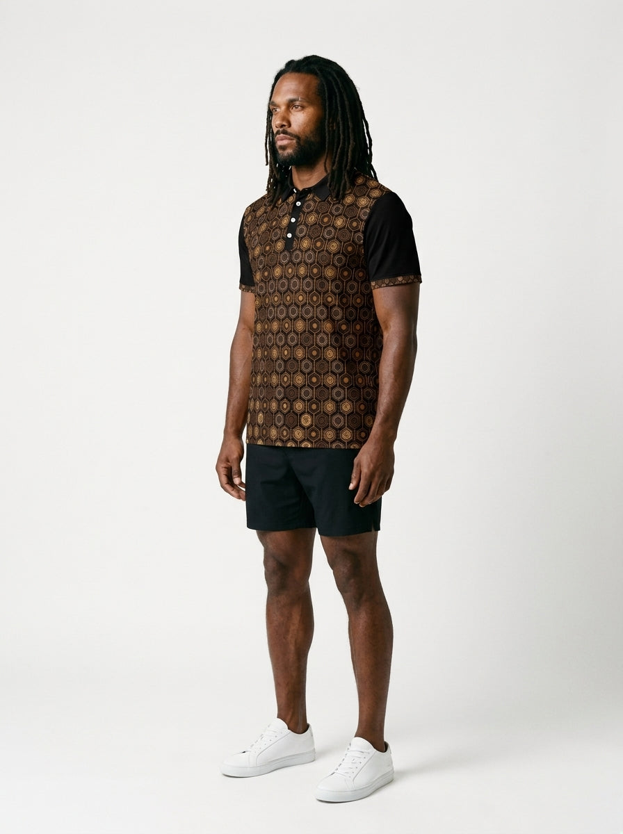 AnanseNova™ // Men's Slim Fit Statement Polo in Oji Black — three-quarter left view — SunBorn