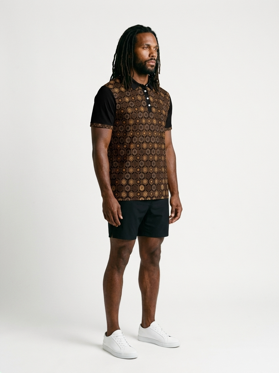 AnanseNova™ // Men's Slim Fit Statement Polo in Oji Black — three-quarter right view — SunBorn