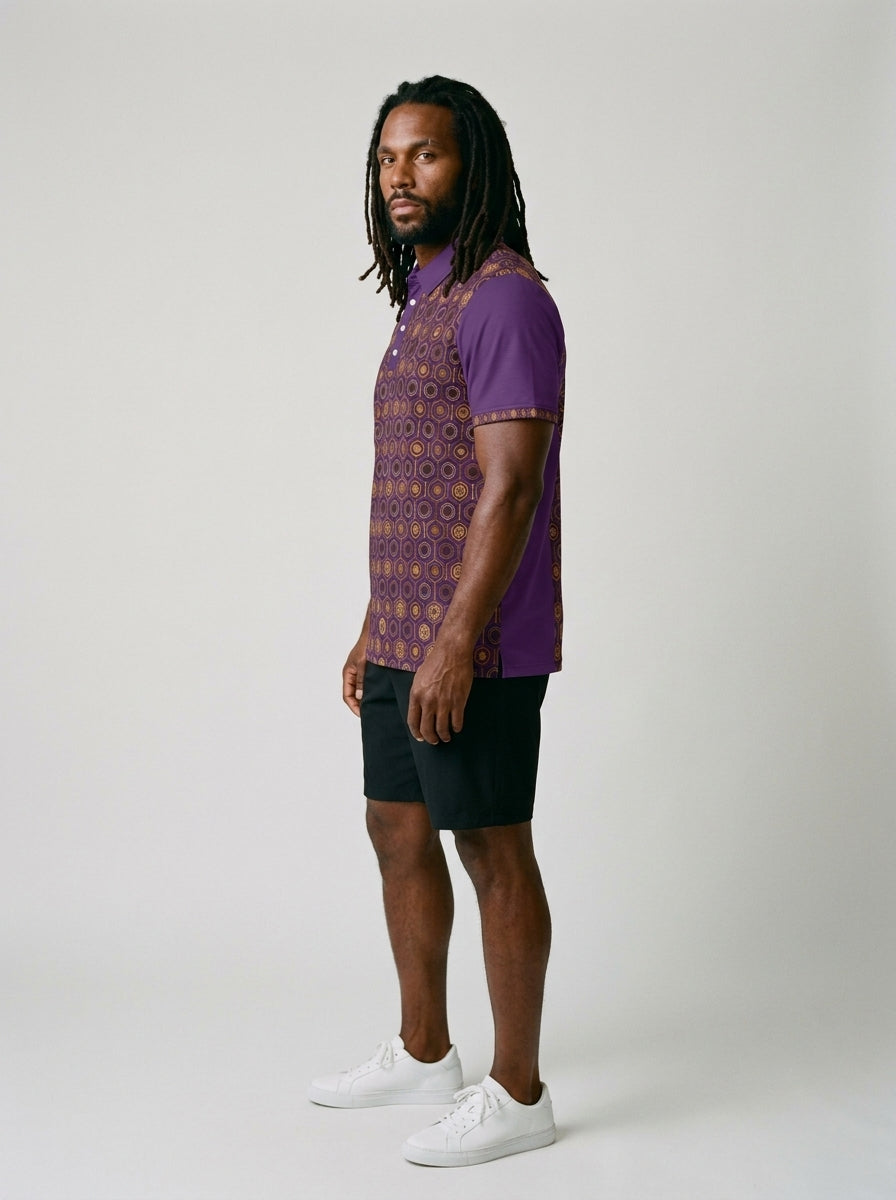 AnanseNova™ // Men's Slim Fit Statement Polo in Ugo Purple — three-quarter left view — SunBorn