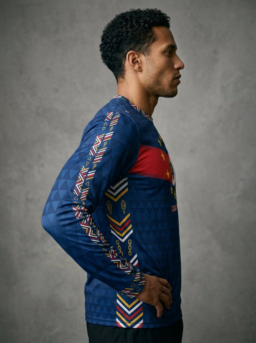 Cabo Verde '26 Blue Shark Protocol Long Sleeve — lateral sleeve view, SunBorn