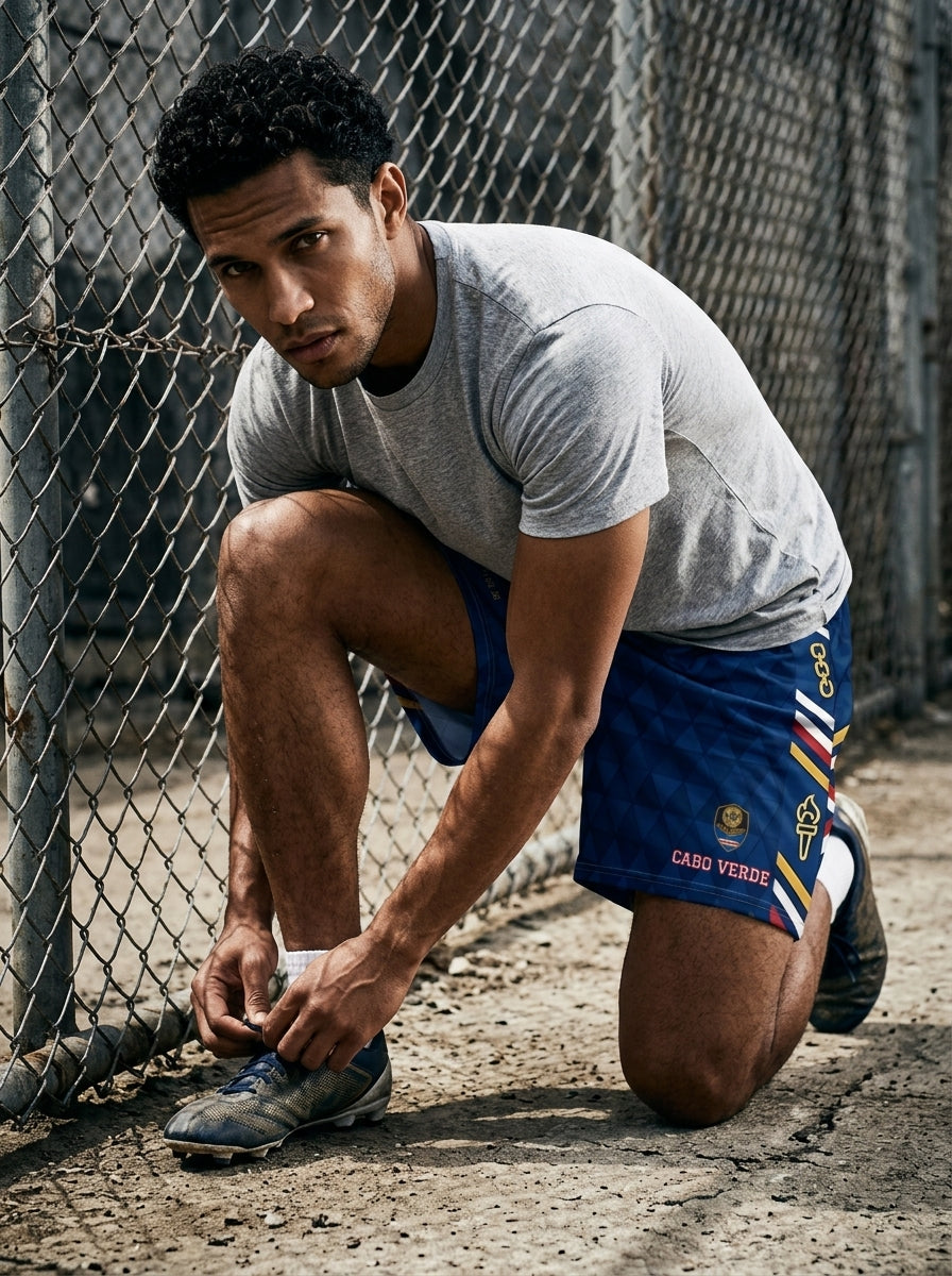 Cabo Verde '26 Blue Shark Protocol Shorts — pitch warm-up action shot, SunBorn