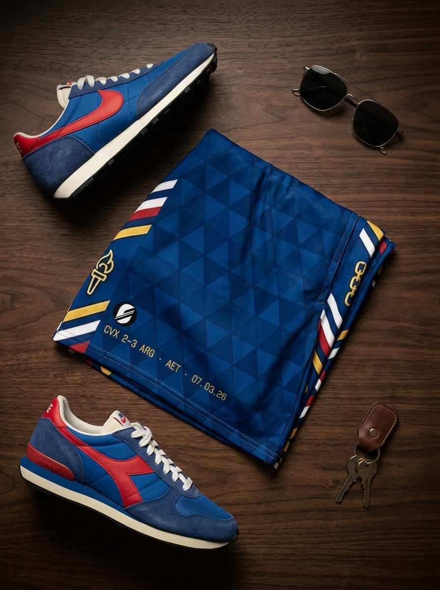 Cabo Verde '26 Blue Shark Protocol Shorts — flat lay with sneakers, SunBorn