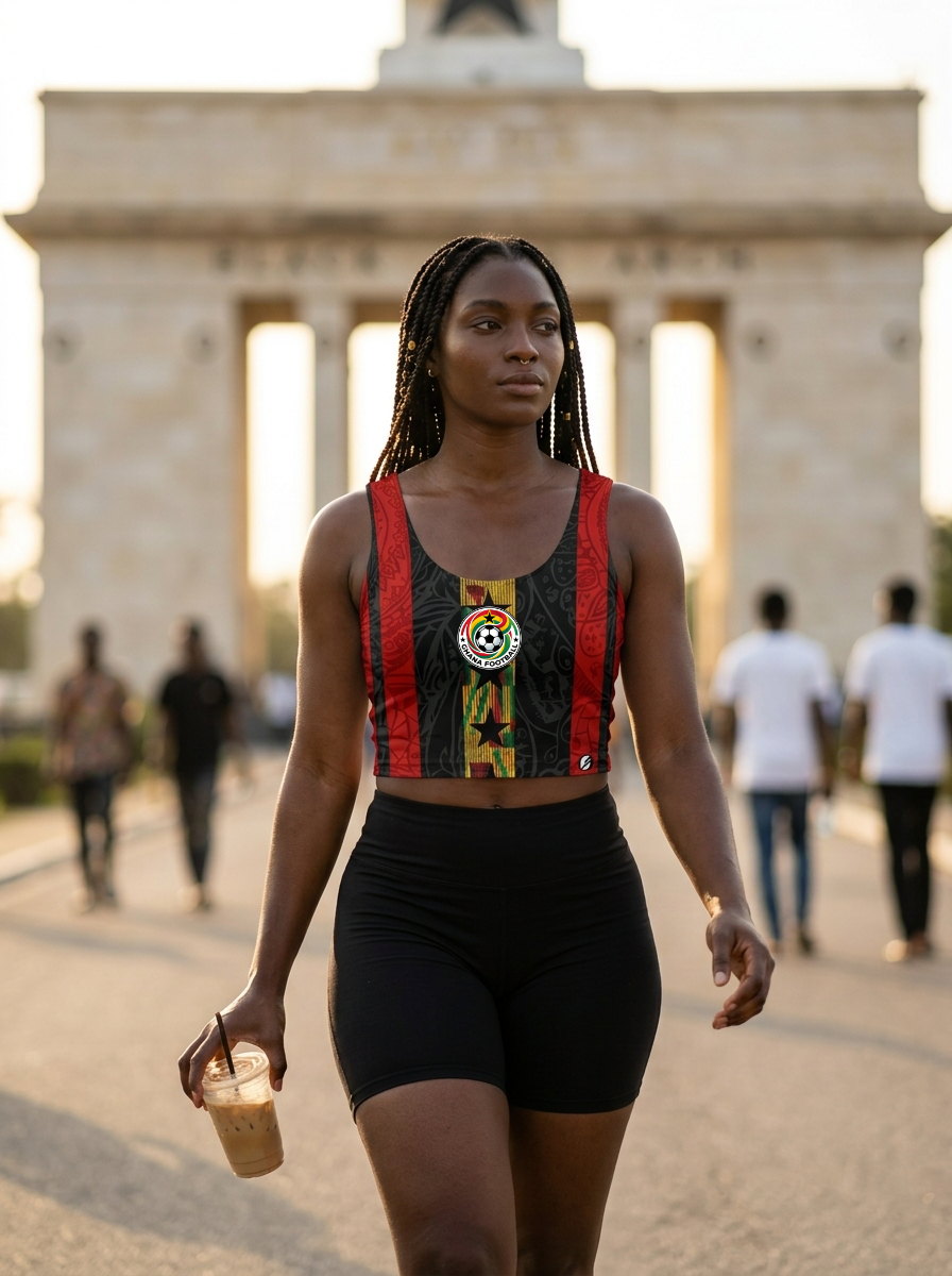 Ghana '26 Women's Crop Jersey — paparazzi shot, cropped Black Stars kit in motion | SunBorn