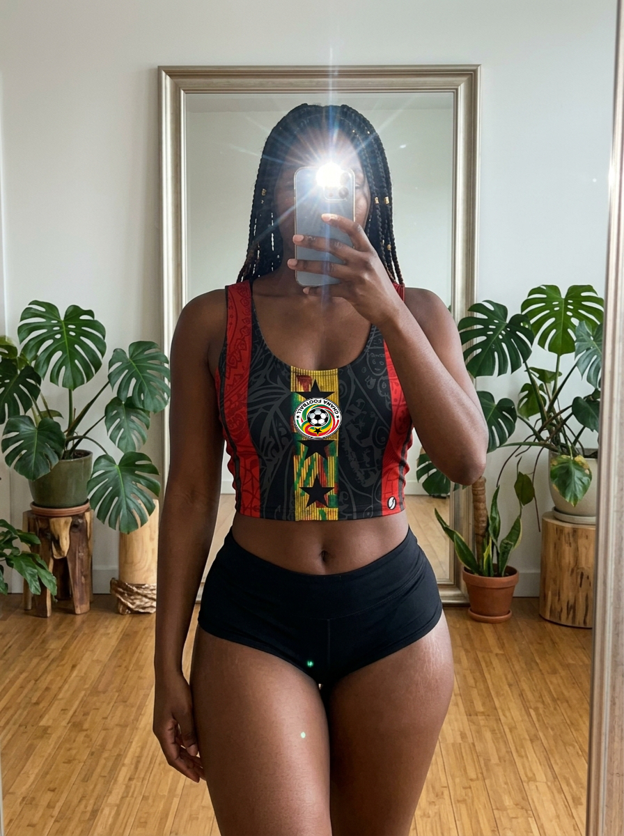 Ghana '26 Women's Crop Jersey — pilates selfie, off-pitch lifestyle in Kente Protocol crop | SunBorn