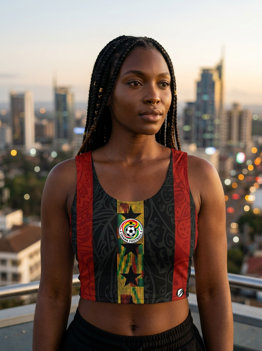 Ghana '26 Women's Crop Jersey — editorial composition, women's Kente Protocol crop in feature framing | SunBorn