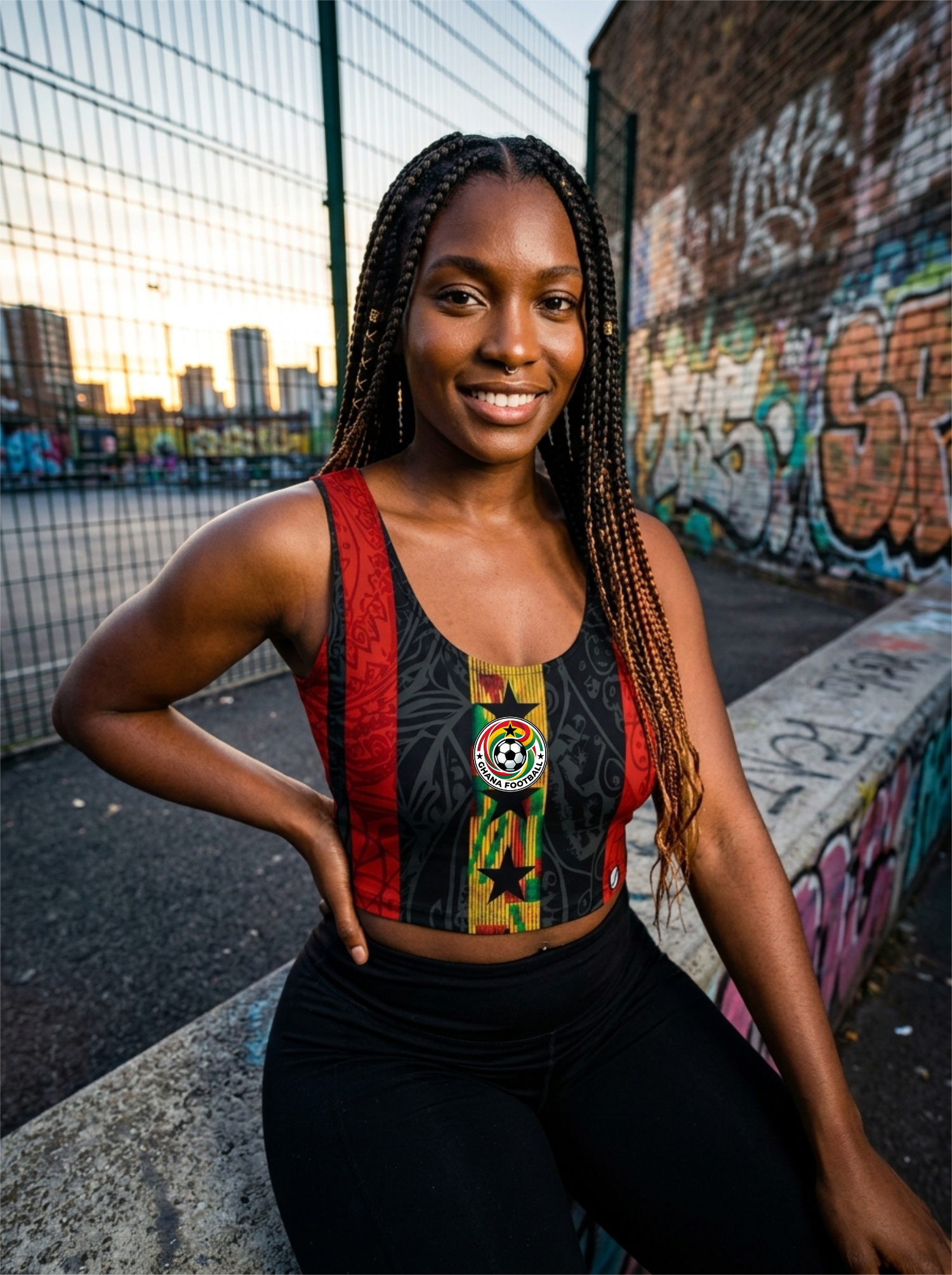 Ghana '26 Women's Crop Jersey — ultrawide lifestyle, cropped Ghana '26 kit in athletic editorial | SunBorn
