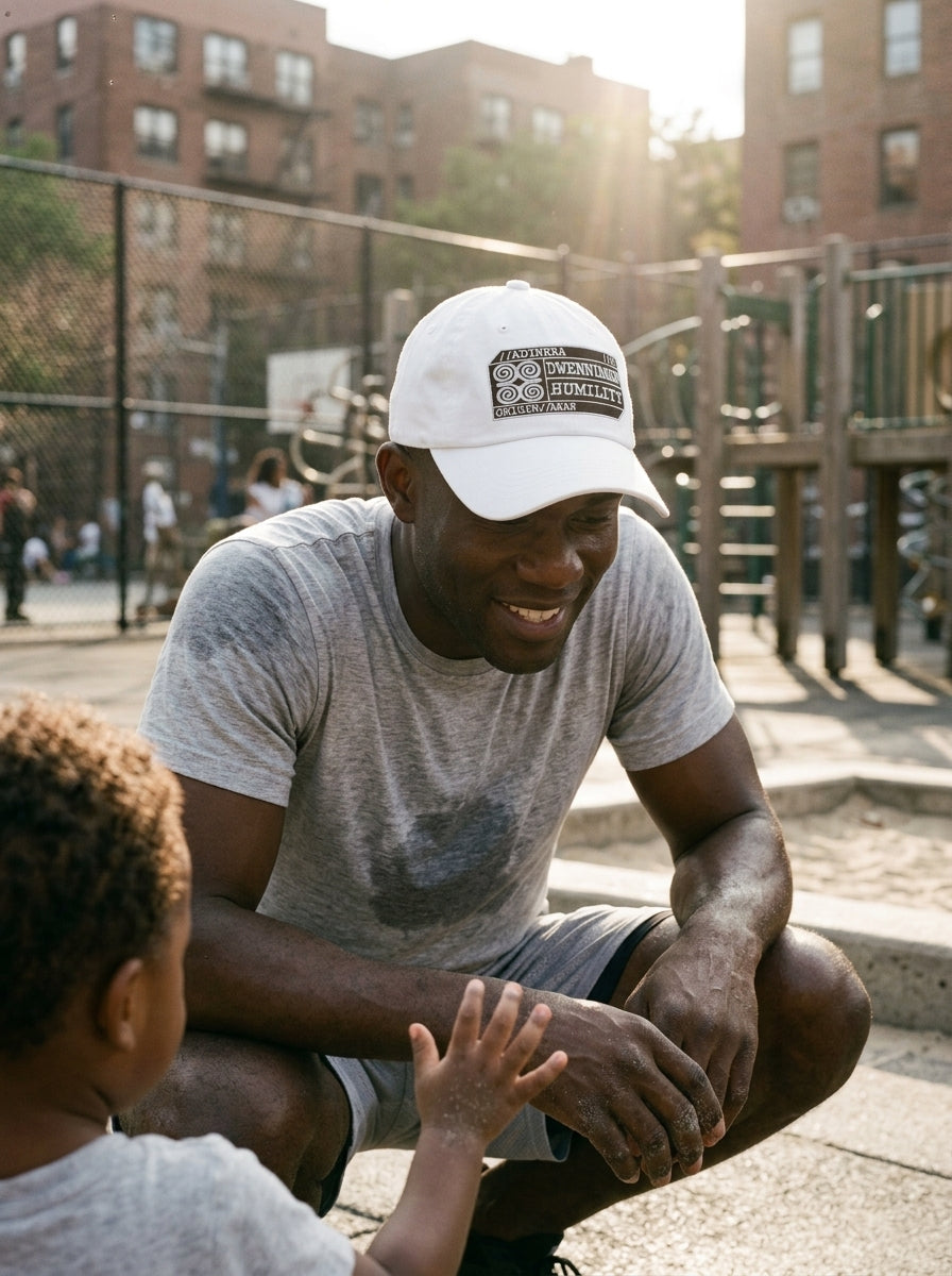 Adinkra Humility Dad Hat in Ocha White — lifestyle action shot
