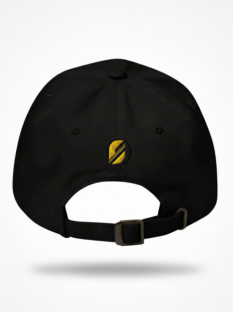 Adinkra Humility Dad Hat in Oji Black — rear adjustable strap closure
