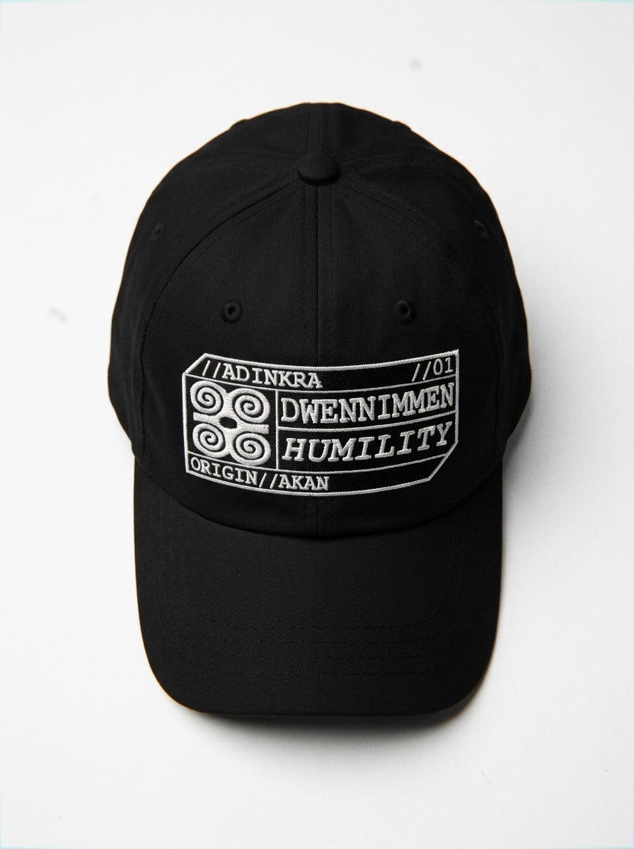 Adinkra Humility Dad Hat in Oji Black — crown, top-down view