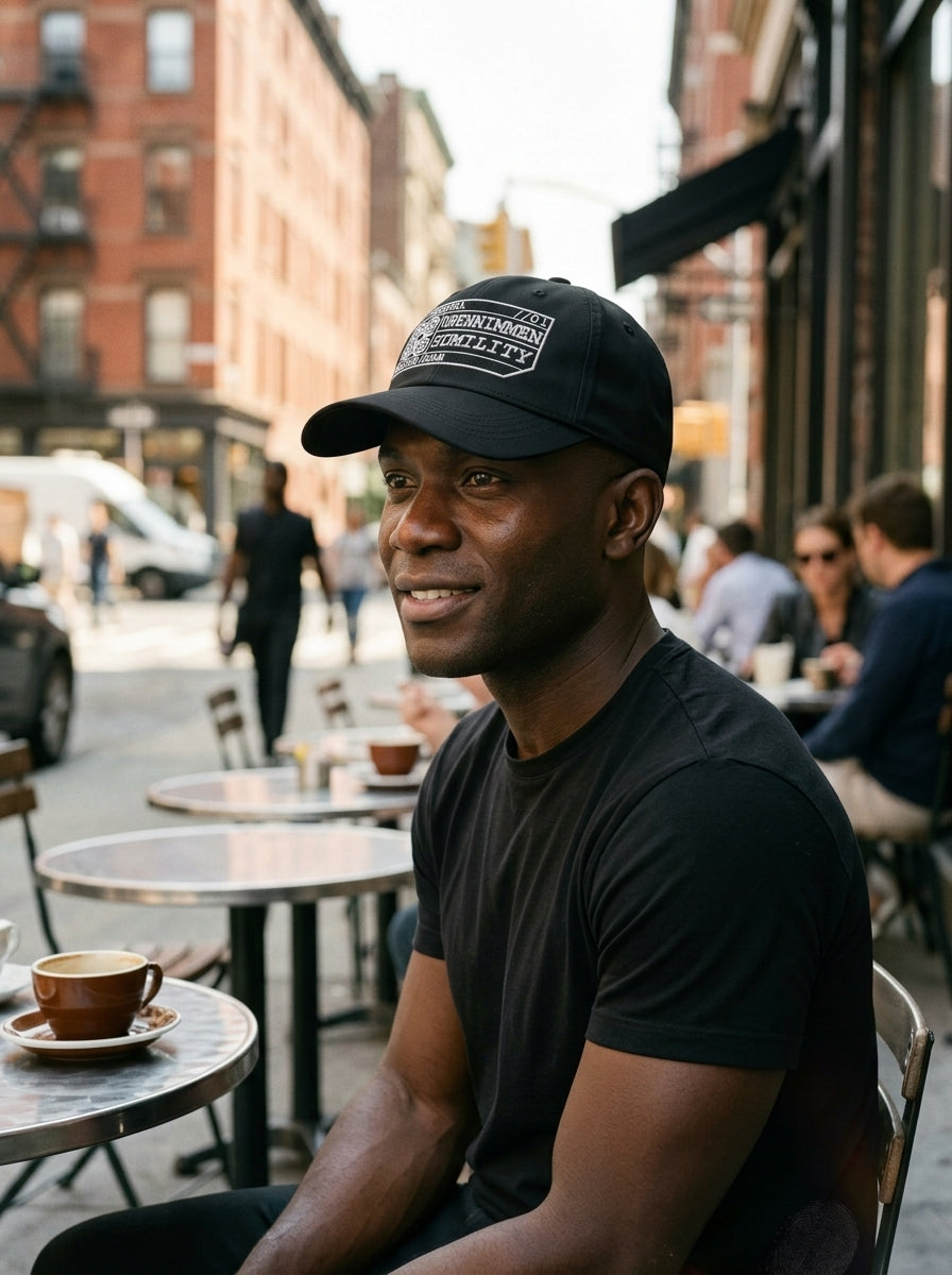 Adinkra Humility Dad Hat in Oji Black — editorial styled fit