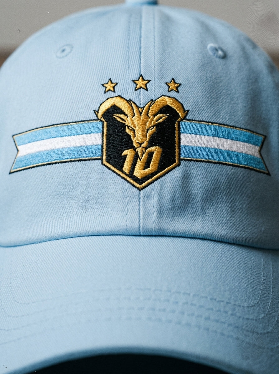 GOAT Celeste Dad Hat, close-up of the embroidered crest — gold goat, N°10 and three stars on the sky-blue and white Albiceleste ribbon.