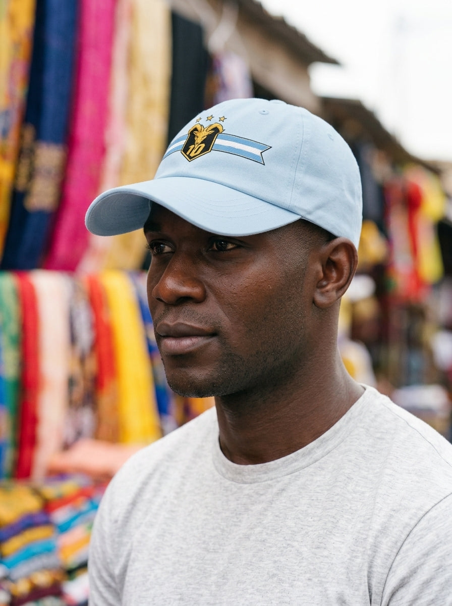 GOAT Celeste Dad Hat in Igwe Blue, editorial worn fit.