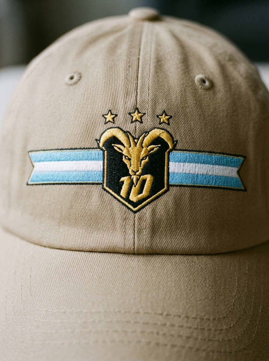 GOAT Celeste Dad Hat in Aja Sand, close-up of the embroidered gold goat crest with N°10 and three stars.