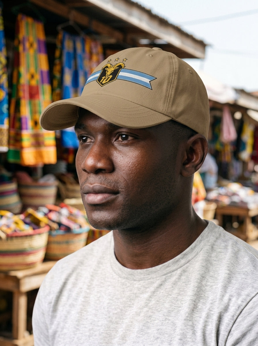 GOAT Celeste Dad Hat in Aja Sand, editorial worn fit.