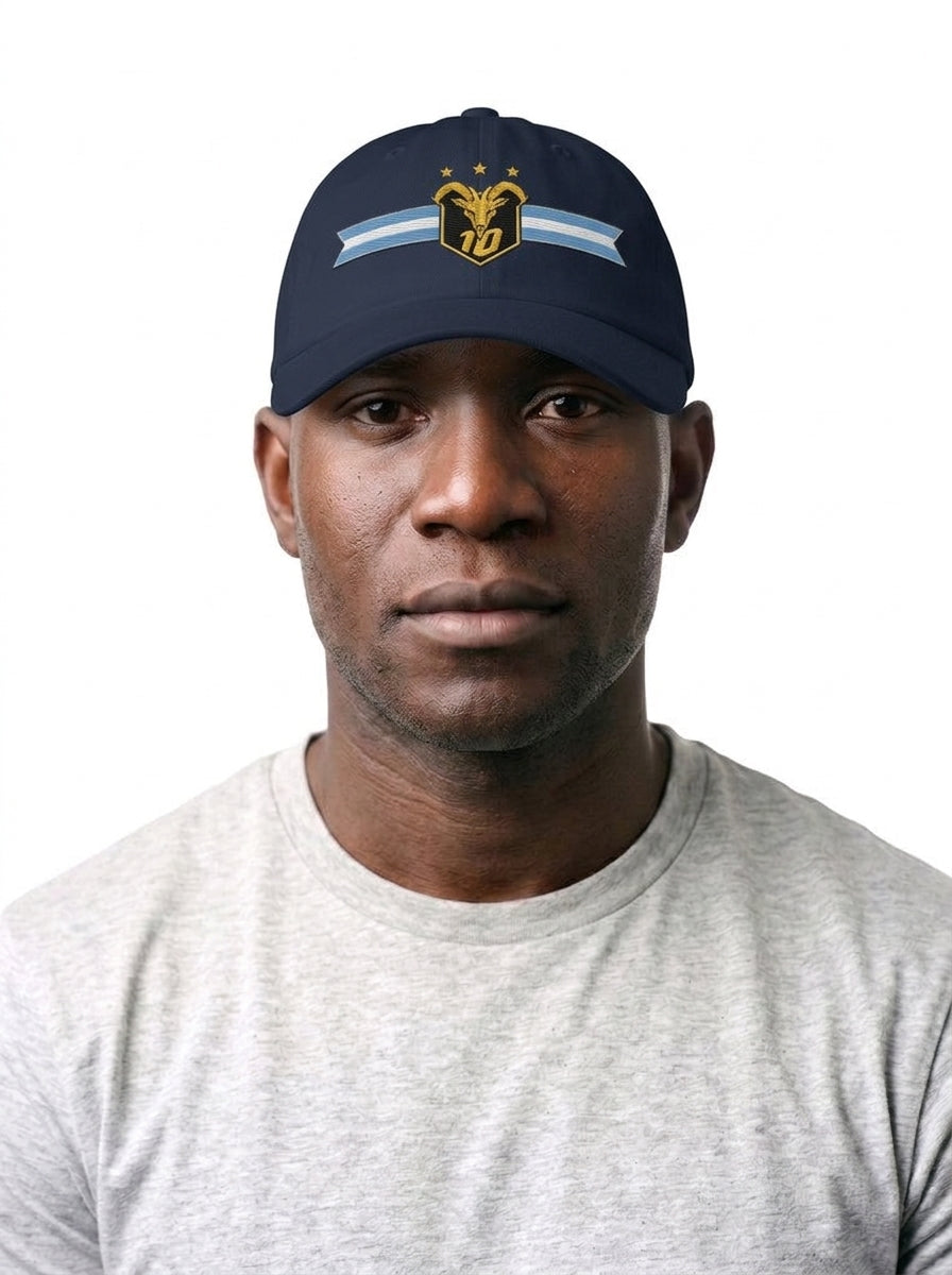 GOAT Celeste Dad Hat in Anụnụ Blue, worn front — low-profile six-panel cotton-twill cap.