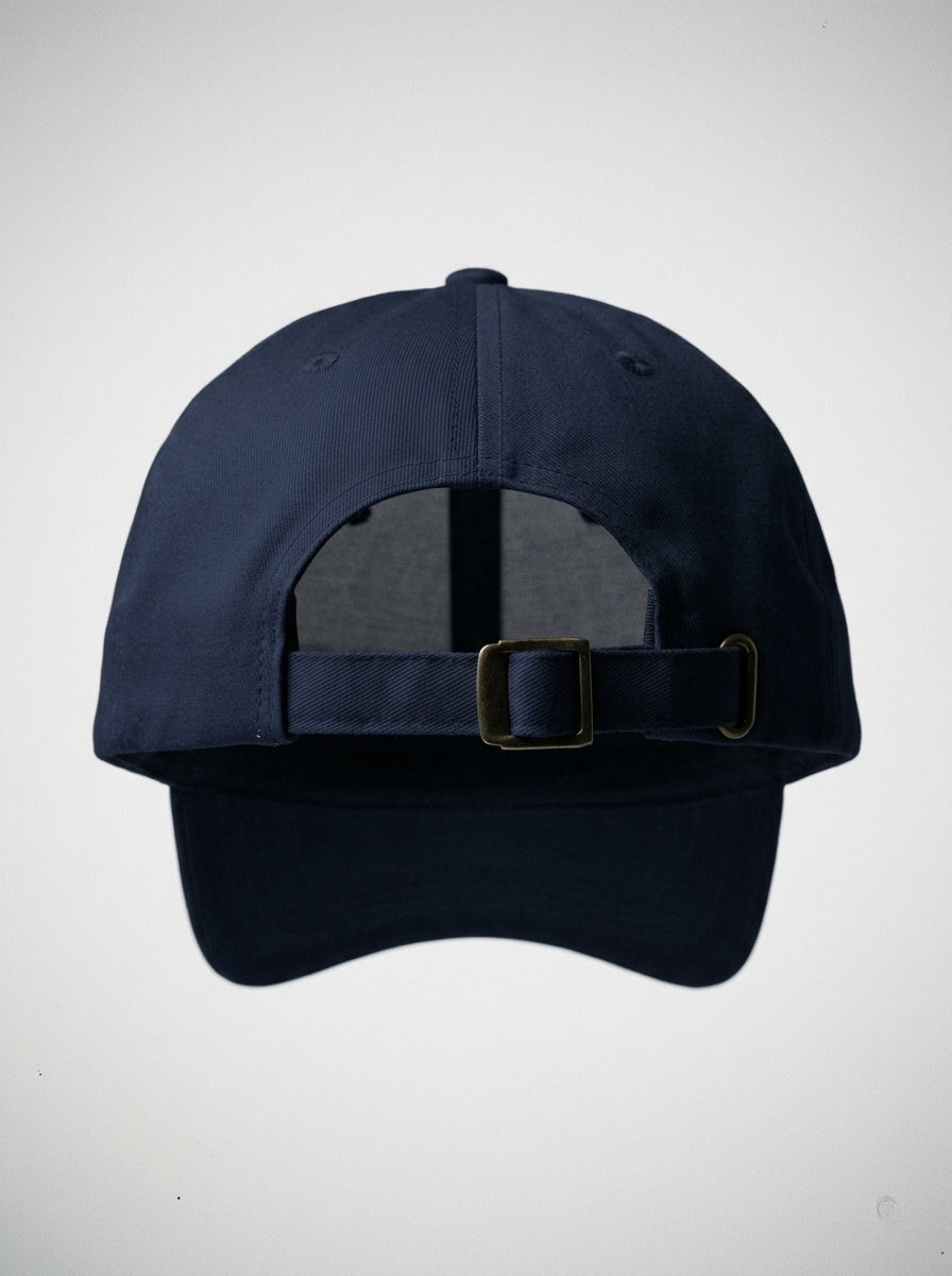 GOAT Celeste Dad Hat in Anụnụ Blue, rear view with adjustable antique-buckle strap.