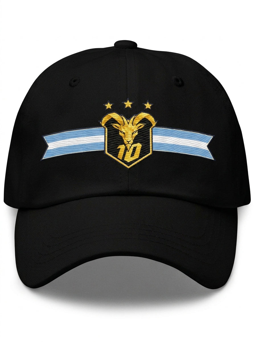 GOAT Celeste Dad Hat in Oji Black, front view — gold goat crest with N°10 and three stars on an Albiceleste ribbon.