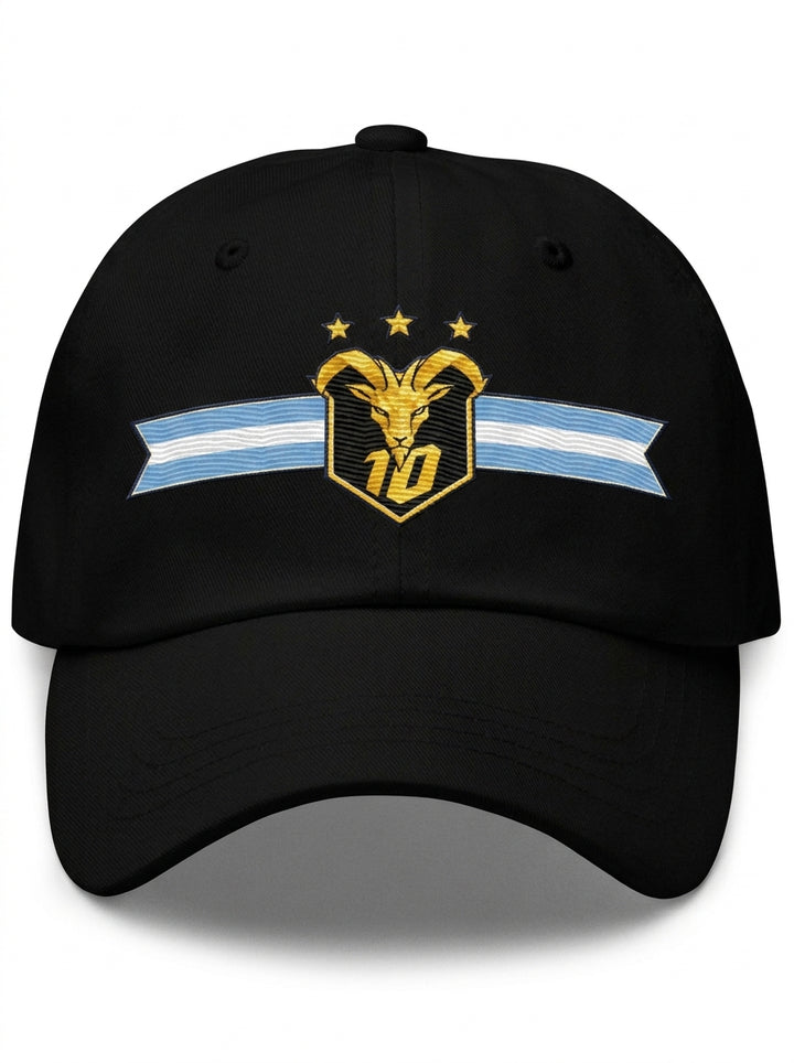 GOAT Celeste Dad Hat in Oji Black, front view — gold goat crest with N°10 and three stars on an Albiceleste ribbon.