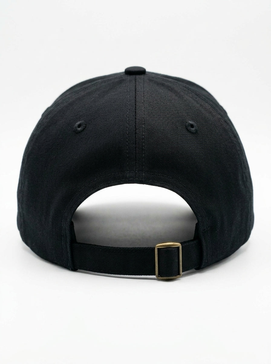 GOAT Celeste Dad Hat in Oji Black, rear view with adjustable antique-buckle strap.