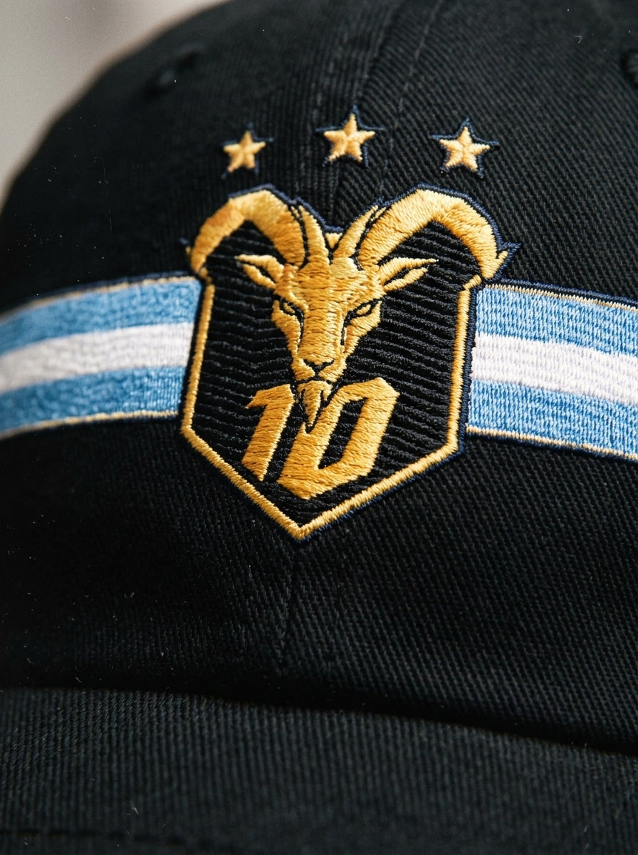GOAT Celeste Dad Hat in Oji Black, close-up of the embroidered gold goat crest with N°10 and three stars.