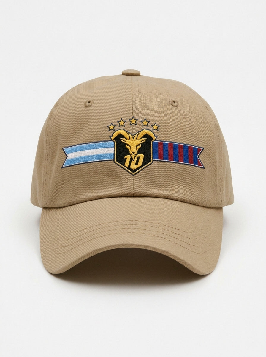 GOAT Fusión dad hat in Aja Sand — front view, full-colour both-flags crest (gold goat, N°10, five stars) embroidered on the crown