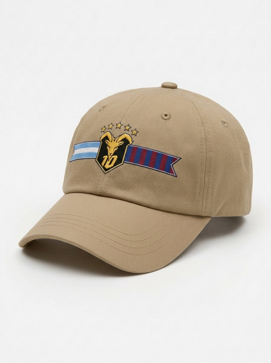 GOAT Fusión dad hat in Aja Sand — three-quarter left, curved brim and embroidered crest