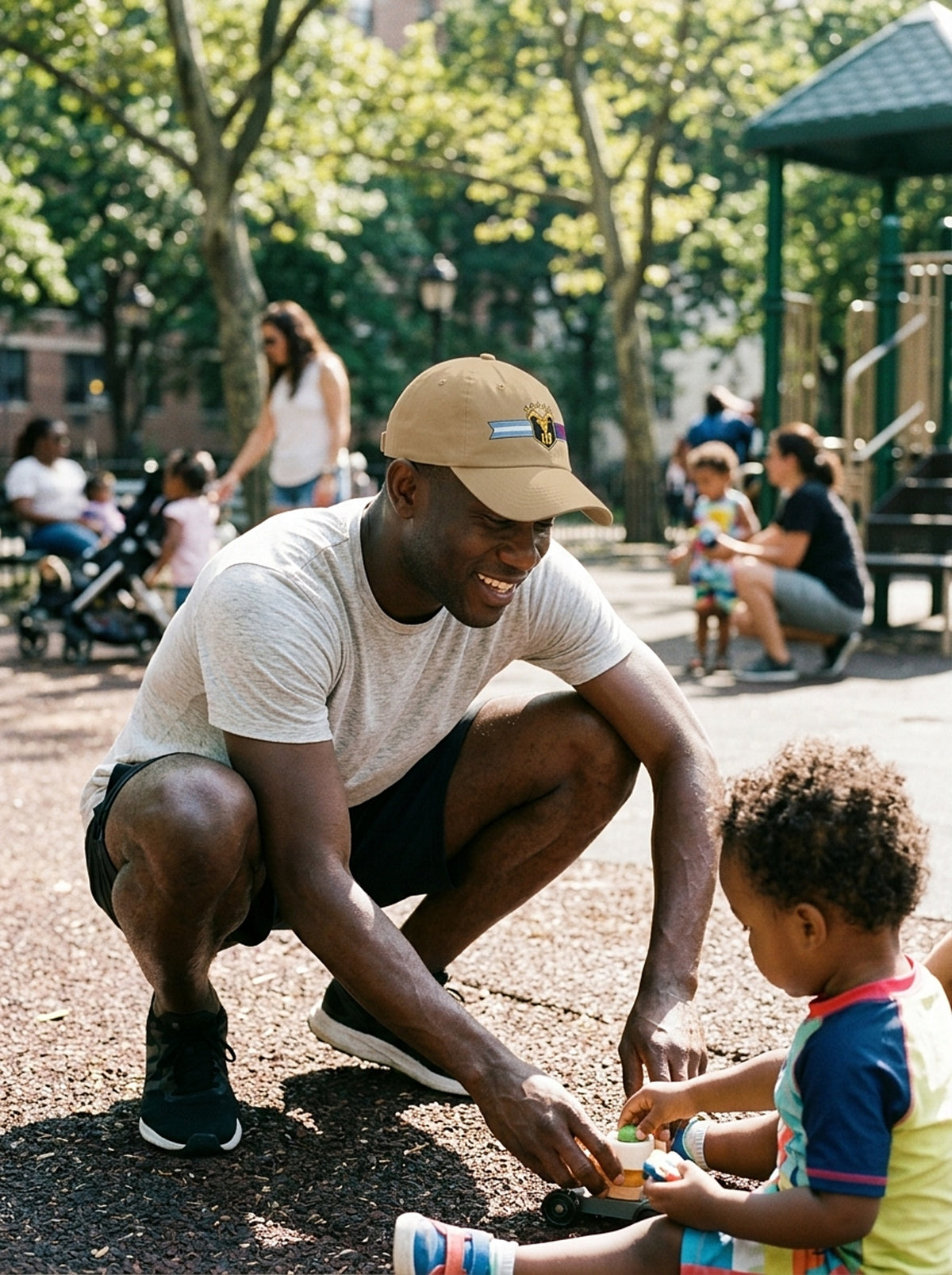 GOAT Fusión dad hat in Aja Sand — lifestyle street shot
