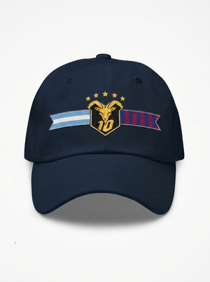 GOAT Fusión dad hat in Anụnụ Blue — front view, full-colour both-flags crest (gold goat, N°10, five stars) embroidered on the crown