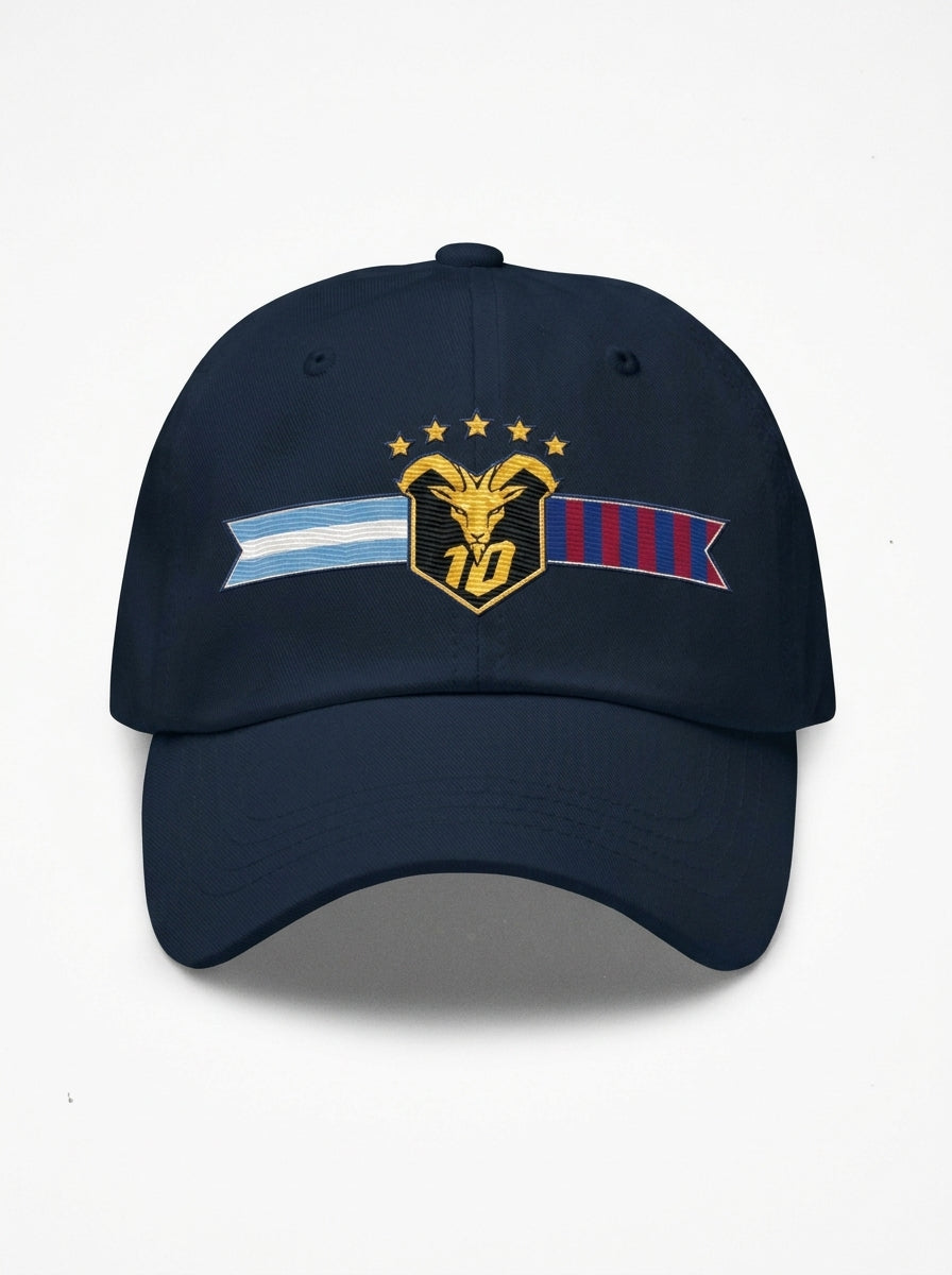 GOAT Fusión dad hat in Anụnụ Blue — front view, full-colour both-flags crest (gold goat, N°10, five stars) embroidered on the crown