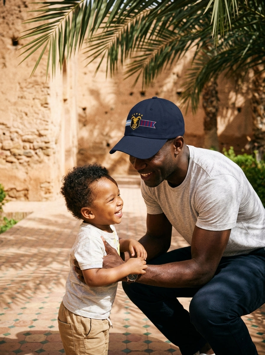 GOAT Fusión dad hat in Anụnụ Blue — editorial fit shot