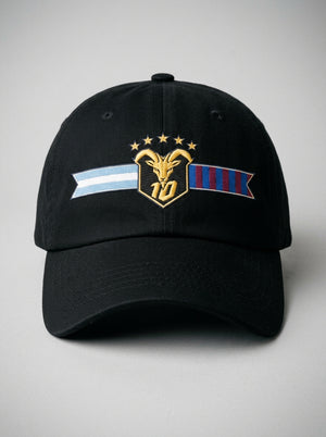 GOAT Fusión dad hat in Oji Black — front view, full-colour both-flags crest (gold goat, N°10, five stars) embroidered on the crown