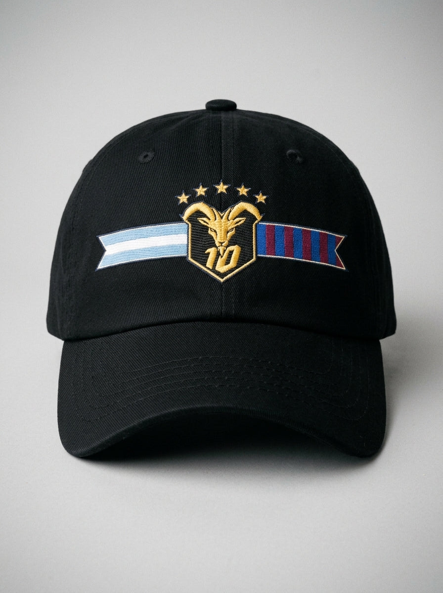 GOAT Fusión dad hat in Oji Black — front view, full-colour both-flags crest (gold goat, N°10, five stars) embroidered on the crown